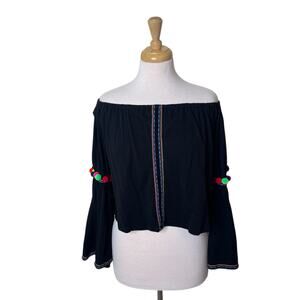 PITUSA Off The Shoulder Pom Pom Bell Sleeve Swim Cover Up Shirt One Size